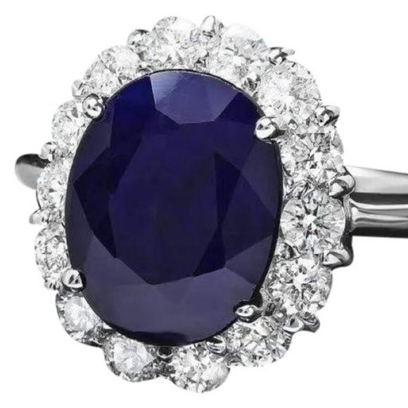 6.00 Carats Natural Blue Sapphire and Diamond 14K Solid White Gold Ring